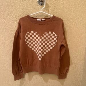 2 Sweaters Lot: GAP Tan Knit Sweater and Old Navy gray and pink heart Sweater